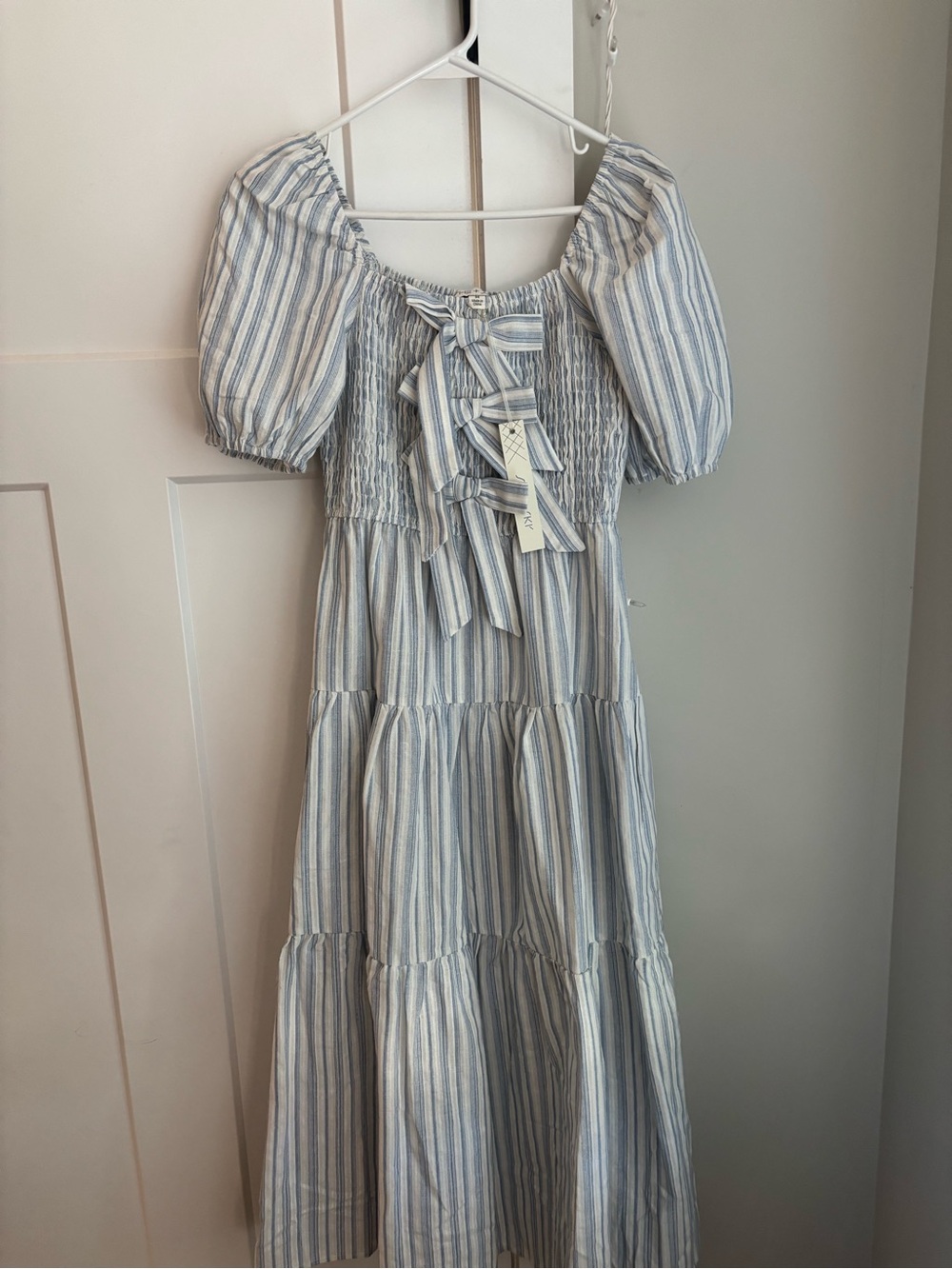 She + Sky Blue and White Striped Tiered Midi Dress